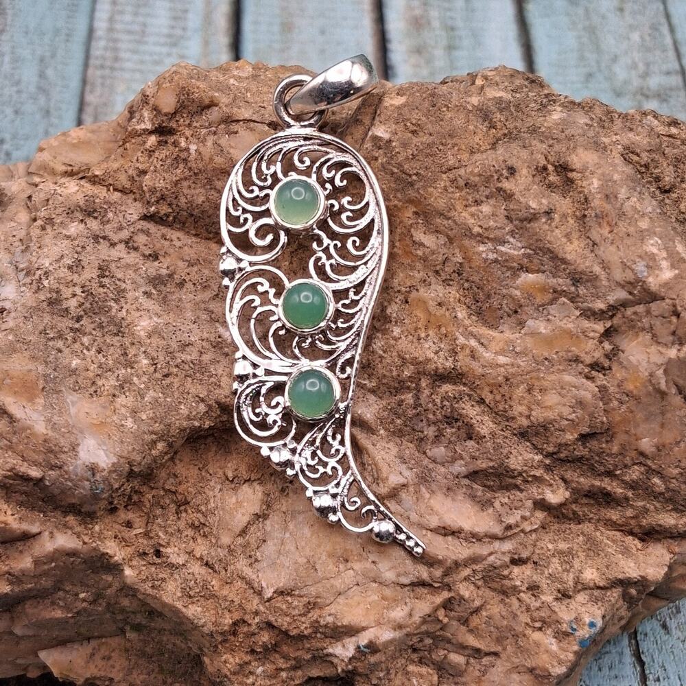 Paisley Green Chalcedony Pendant Filigree Scrollwork Sterling Silver